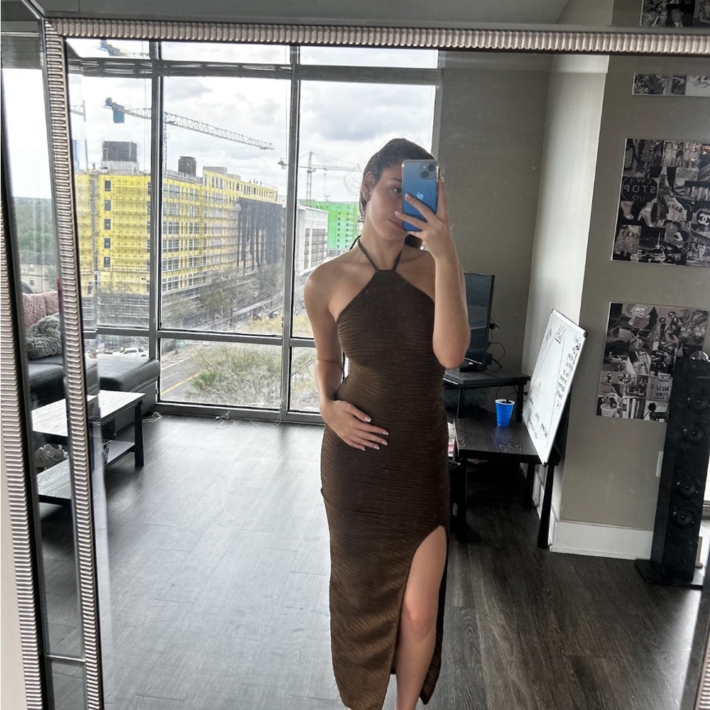 Brown bodycon form fitting swirl raised pattern Halter maxi Dress with slit